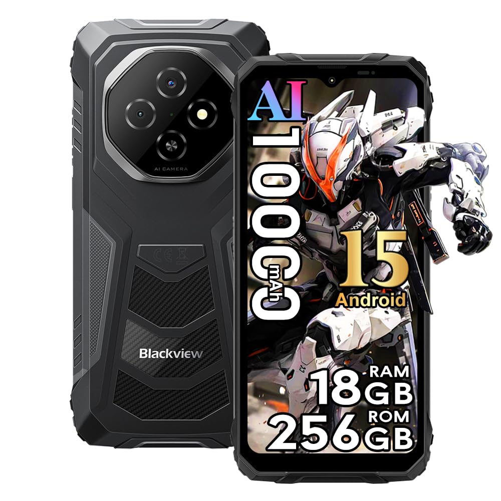 Blackview Fort 1 Téléphone Portable Incassable Android 15, 18Go+256Go/2To 4G Ruggedisé Débloqué 10000mAh, Écran 6.56'' 90Hz,16MP IA, IP69K Résistant à l'eau/3 Slot/GPS/NFC/OTG/Gemini AI 2.0,