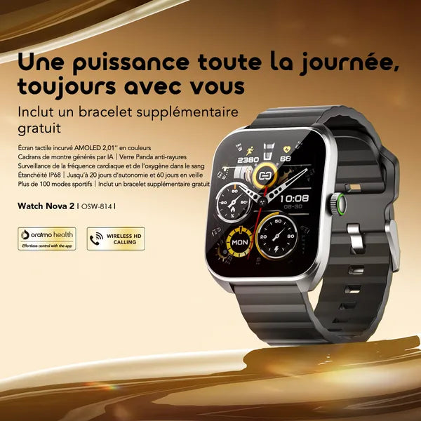 oraimo Watch Nova 2 Montre connectée à écran tactile incurvé AMOLED IP68 de 2,01 pouces