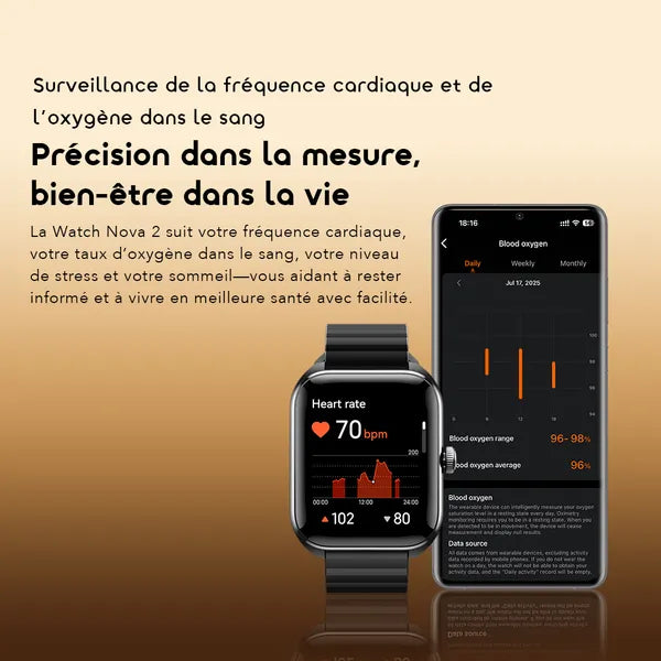 oraimo Watch Nova 2 Montre connectée à écran tactile incurvé AMOLED IP68 de 2,01 pouces