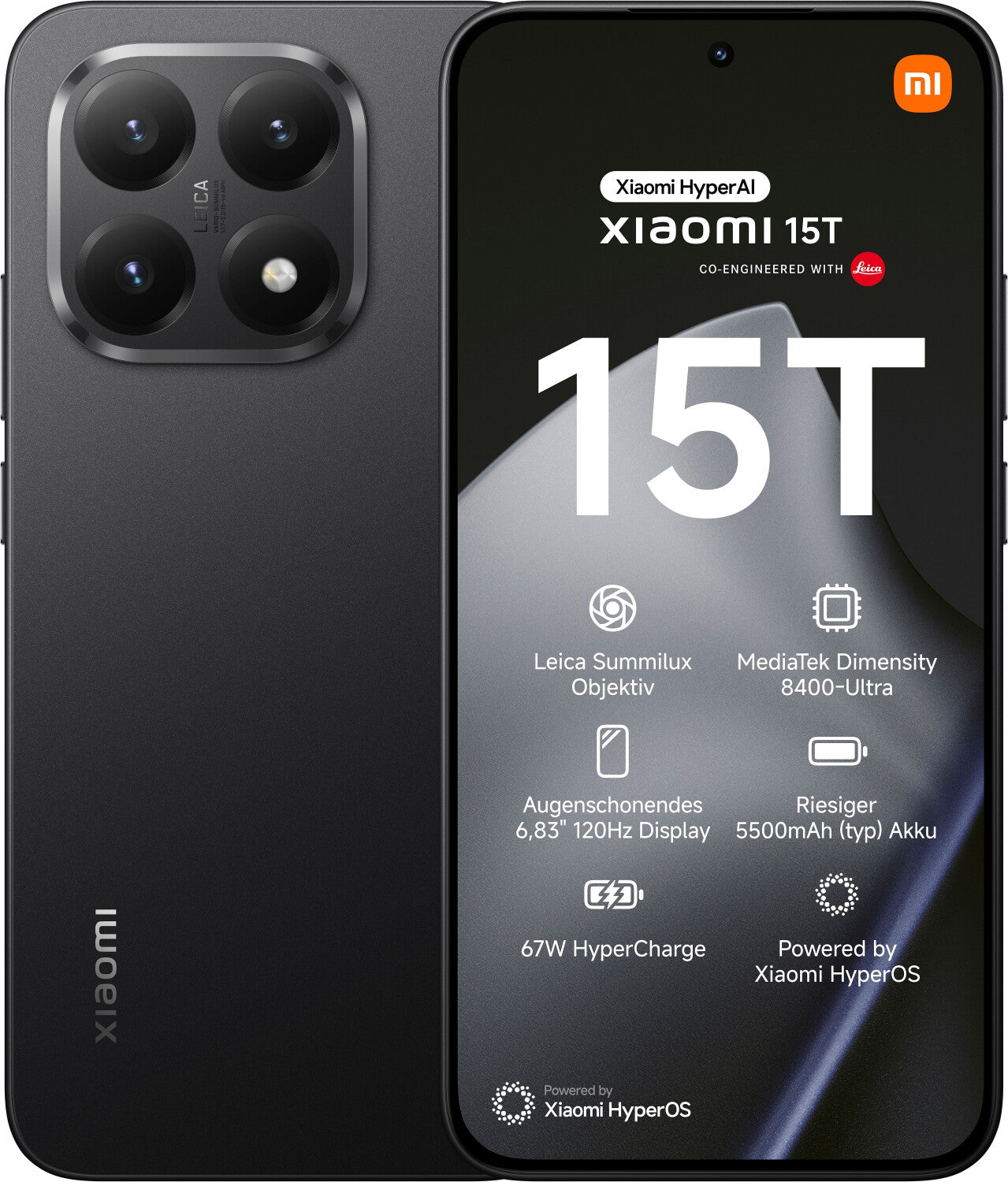Xiaomi 15T-  6,83 pouces  Full HD  120 Hz  50 mégapixels  12 Go Mémoire vive (RAM)  256 Go  Dimensity 8400 Ultra  Android 16  Capacité de la batterie 5 500 mAh